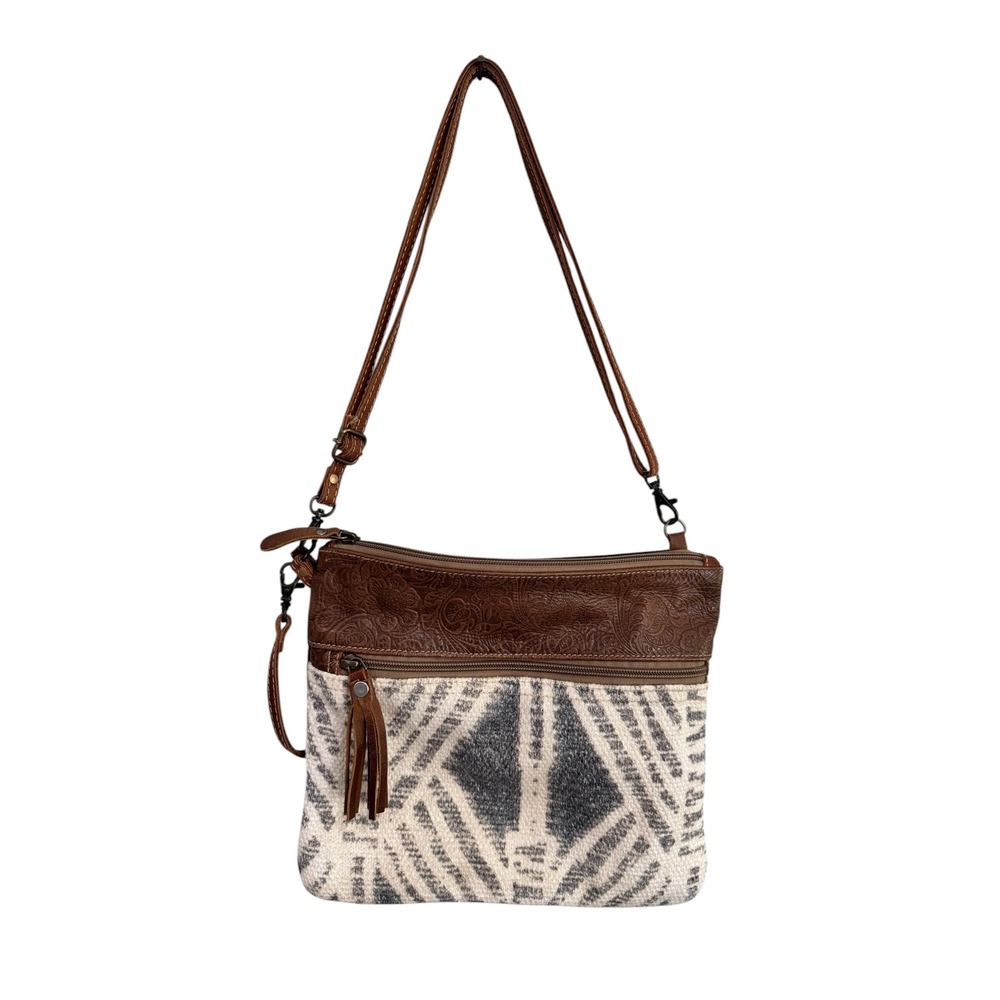 Myra Bag Brown Leather Embossed Woven Canvas Crossbody Wristlet Bag 10x11